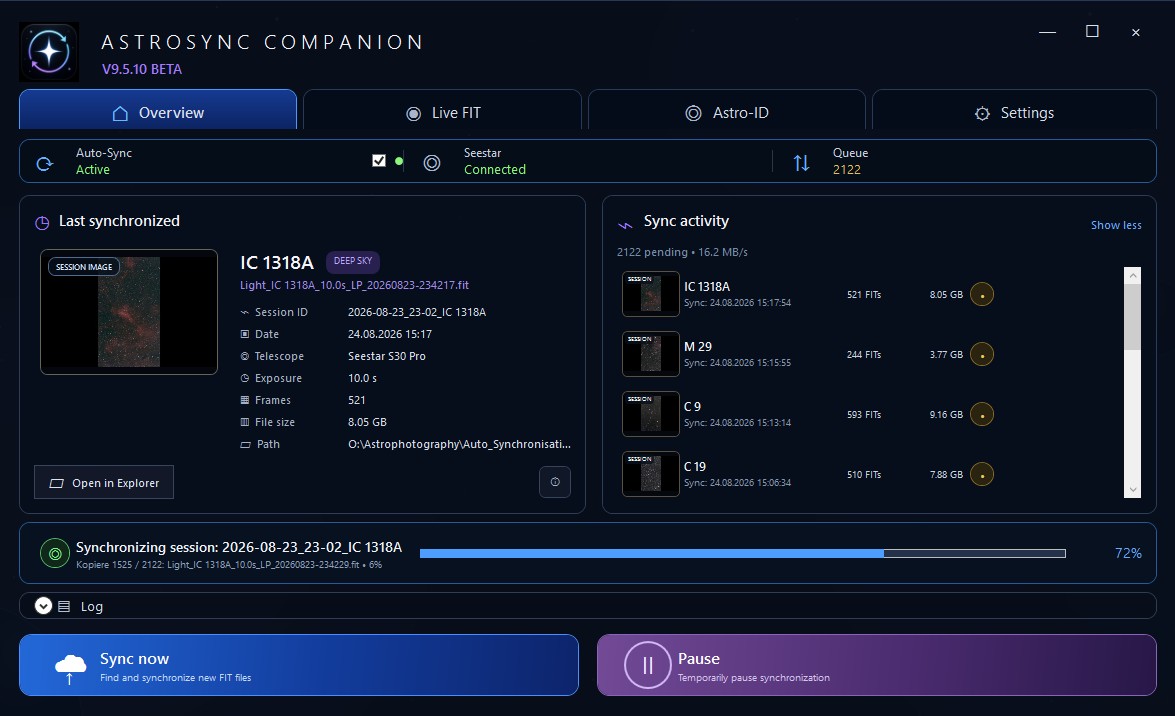 AstroSync Companion Übersicht mit Auto-Sync, letzter Session und laufendem FIT-Transfer